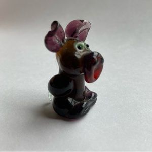 Murano Style Glass Art Dog Figurine, Handblown, Brown, Purple Ears, Green Eyes